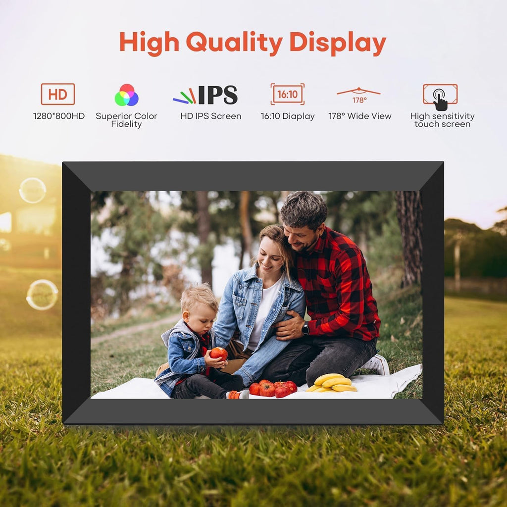 MONOCUS Frameo 10.1" WiFi Digital Picture Frame, 16GB -1280x800 HD IPS Touch Screen, Auto-Rotate, Wall Mountable, Share Photos/Videos Instantly Via App